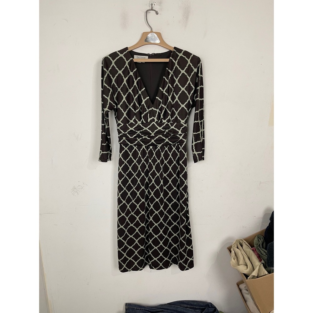 Kay‎ Unger New York Silk Geometric Trellis V-Neck Midi Dress Brown Cream Size 8